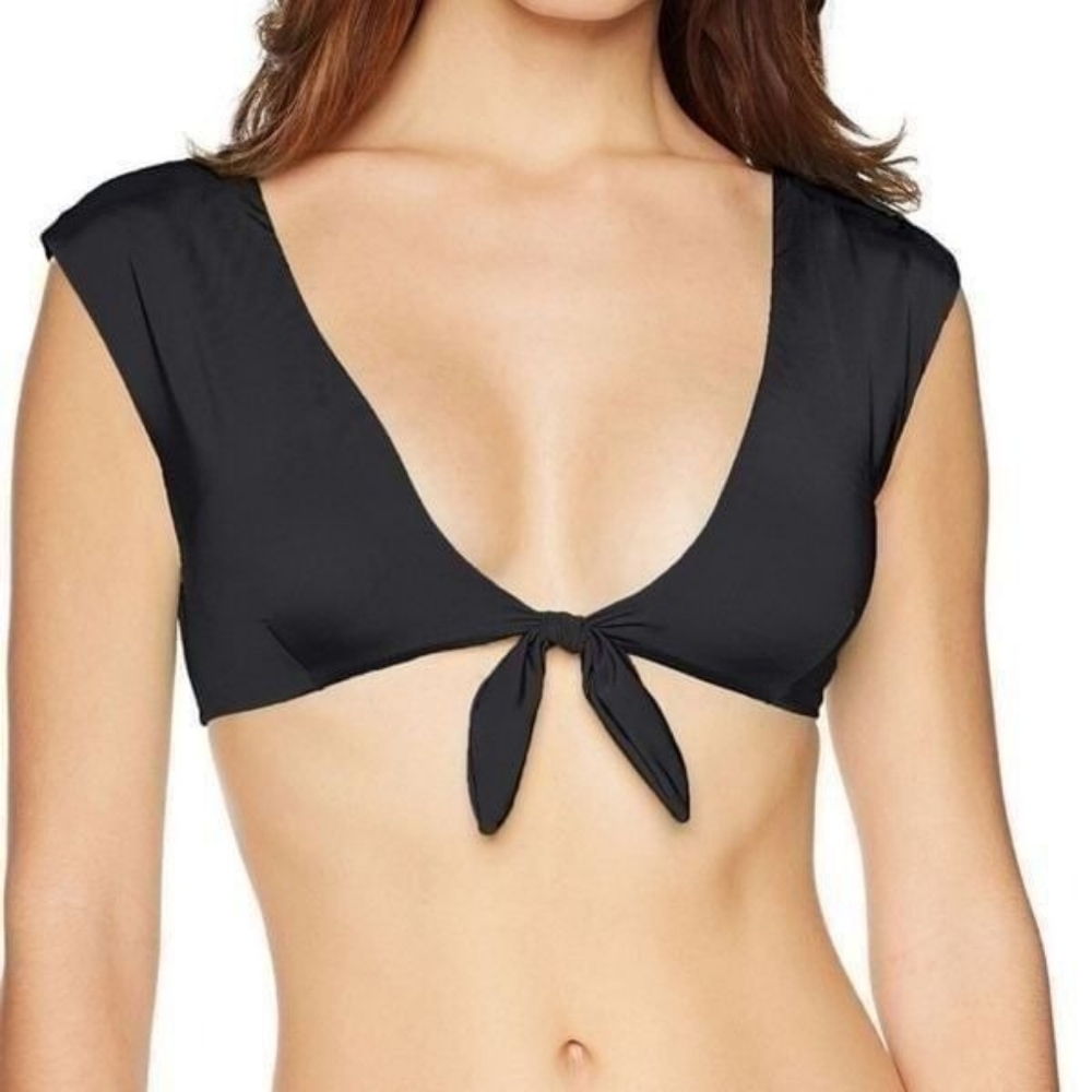 NWT TRINA TURK Black Getaway Solids Cap Sleeve Front Tie Knot Bikini Top 12 L